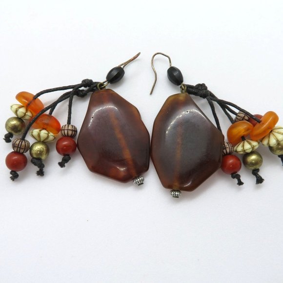 Vintage Artisan Handcrafted Pierced Earrings 2" Dangle Brown White Orange Beads - Picture 3 of 10